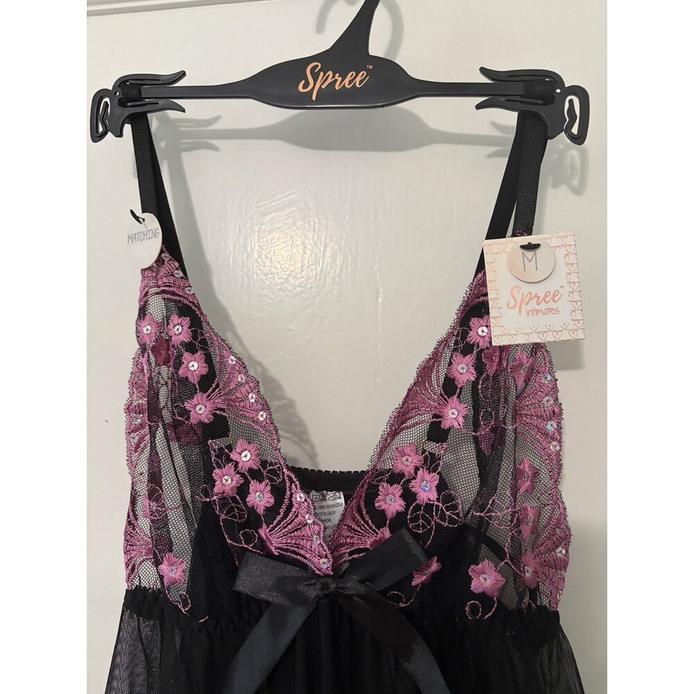 NWT Black Pink Lace Sheer Babydoll Lingerie Thong Set Nightgown Medium Spree - Picture 3 of 10